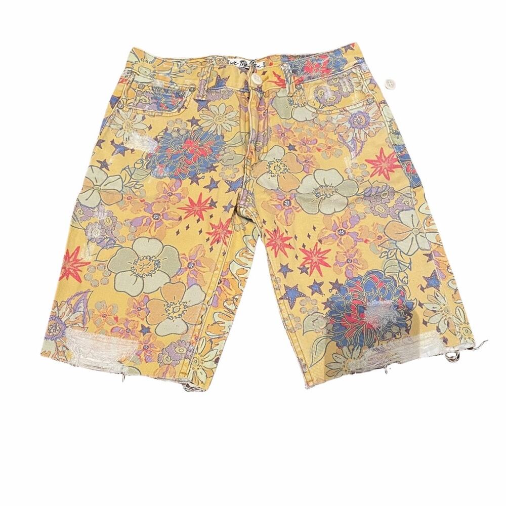 Free People Alani Boho Floral Denim Bermuda Shorts Yellow Banana Size 25 NWT - Picture 3 of 9